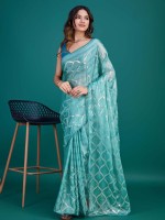 Sky Blue Shimmer Georgette Designer Saree